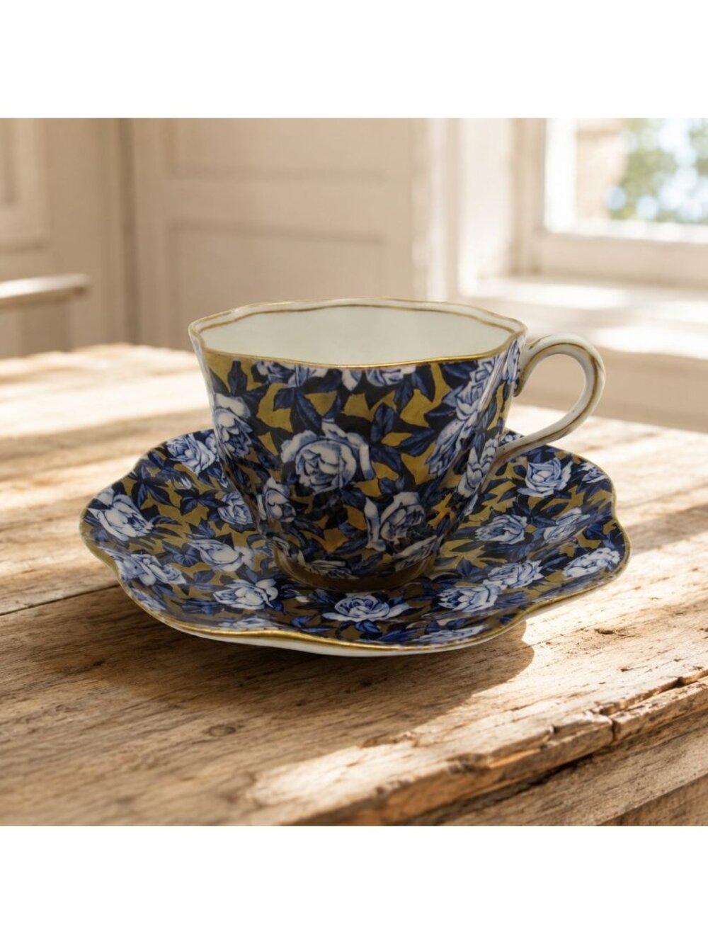 Antique Coalport Bone China Teacup Saucer Cobalt Blue Rose Chintz AS IS